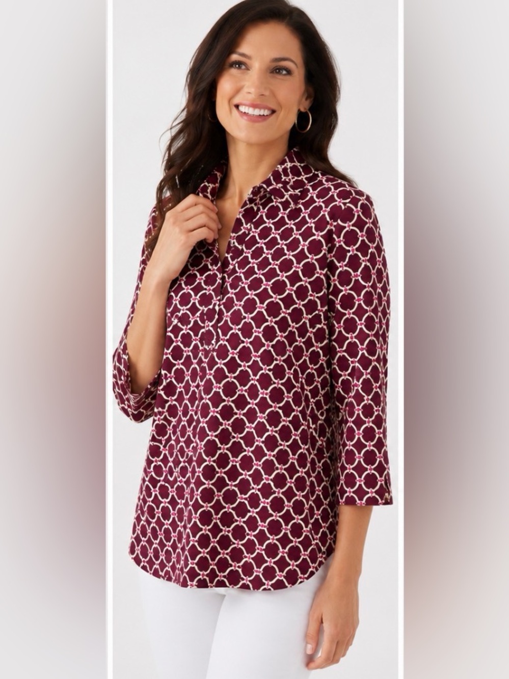 Jude Connally Jude Cloth Burgundy Chain Print Tunic Top Large 3/4 Sleeve Resort